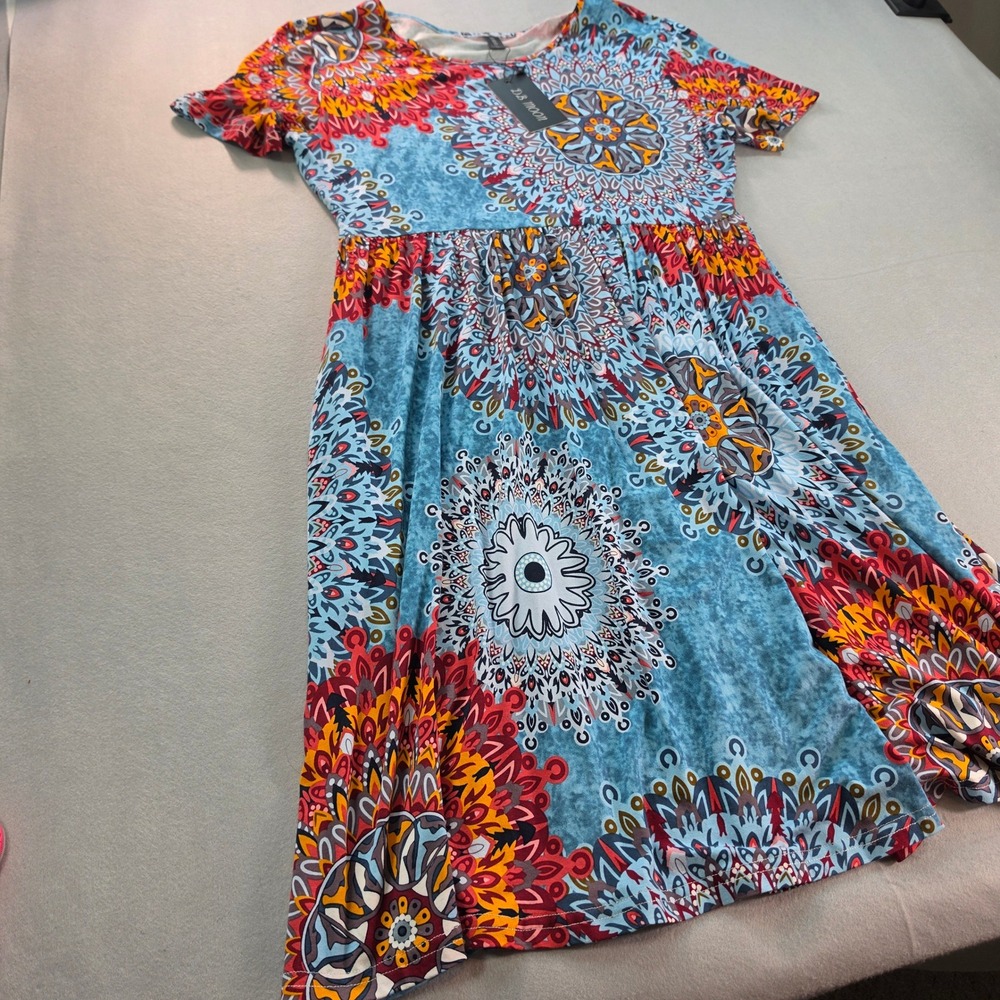 DB Moon Women Boho Mandala Print Empire Waist Short Sleeve Midi Dress Blue XL